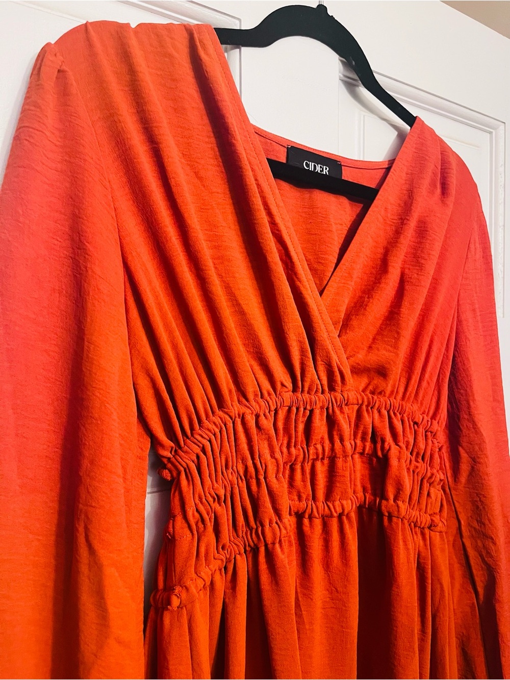 Cider Bright Orange V-Neck Smocked Waist Maxi Dress